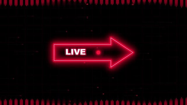 Neon red arrow sign with live text and recording indicator on dark digital background