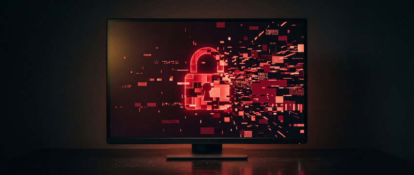 Computer monitor displaying a red digital lock with corrupted data  