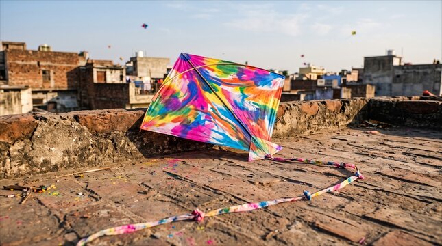 Colorful kite resting on a brick rooftop during the Holi festival
