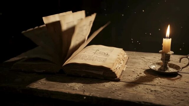 An ancient open book with weathered pages illuminated by a flickering candle on a rustic wooden table evoking a sense of history mystery and old-world knowledge