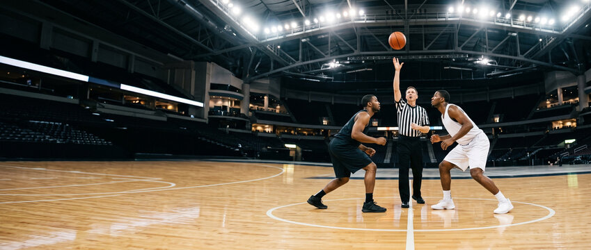 Two basketball players facing off with referee during tip-off  