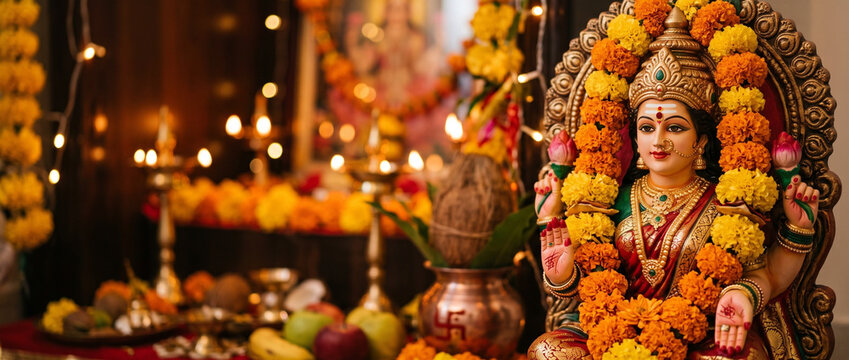 Close-up of a Hindu goddess idol decorated with marigold flowers for Diwali  