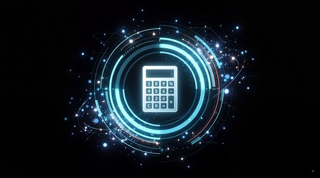 Glowing digital calculator icon surrounded by abstract neon light tech circles