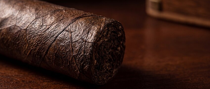 Close up view of premium handmade tobacco cigar with textured dark wrapper leaf for smoking shops.