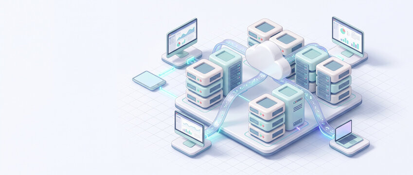 Isometric 3D cloud computing diagram with server towers and devices  
