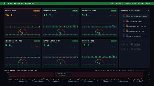 A dark process safety dashboard in 4K displaying critical gas concentration alerts with animated indicators and operator checklists for enhanced industrial monitoring.