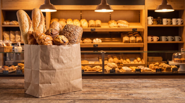 Assorted fresh baked goods in rustic paper bag with warm bakery display background with showcases variety freshly baked breads