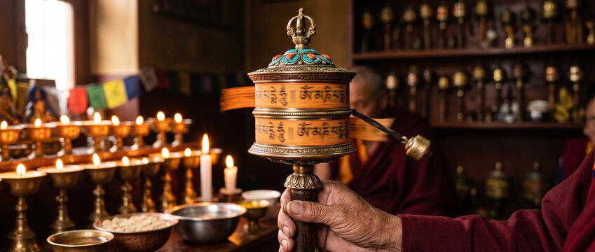 Tibetan monk holding prayer wheel in a monastery with candles  