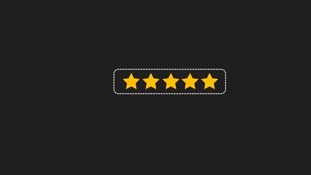 Five star rating badges animation with glowing yellow stars on dark background