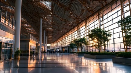 Fototapeta premium A grand modern terminal hall with high ceilings glass walls and polished floors reflecting golden sunlight