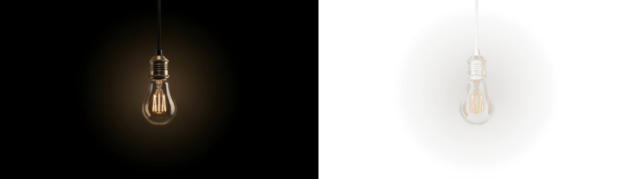 Conceptual light bulb hanging against contrasting black and transparent backgrounds, representing duality, ideas, and innovation in a minimalist splitscreen composition