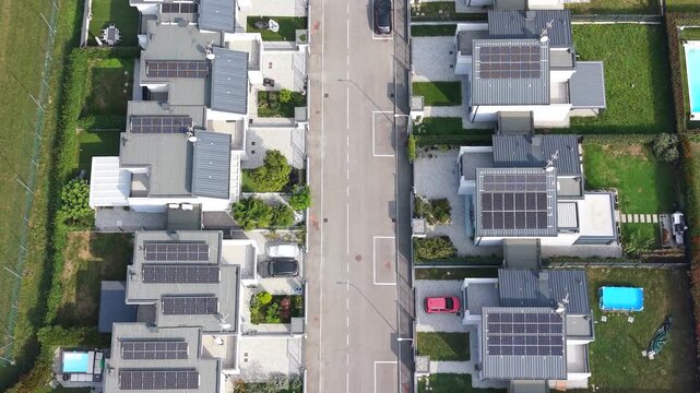 Aerial View of Modern Homes with Solar Panels. Italy, Lombardy
