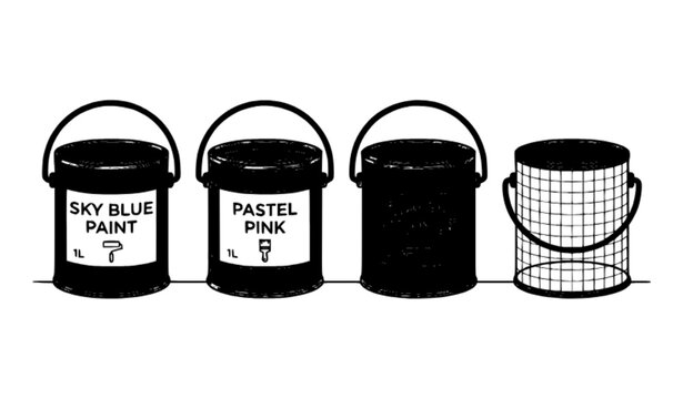 Flat vector paint buckets icon set with multicolored matte paint and empty tin can for diy home renovation