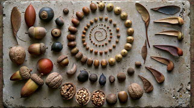 Beautiful Fibonacci spiral arrangement featuring various acorns, seeds, nuts, and natural botanical elements.