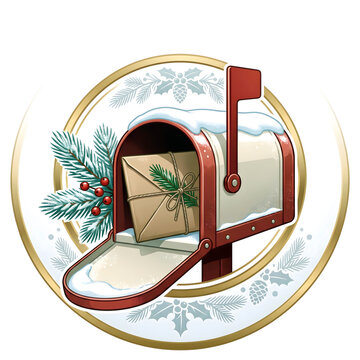 Vintage red and white metal mailbox with a snow-covered containing a brown paper parcel tied with twine and pine sprigs, circular frame