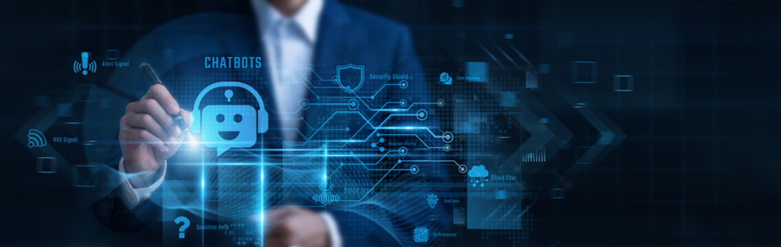 Businessman Pointing Chatbots, automated customer service assistant and conversational artificial intelligence, virtual chat agent, natural language processing, 24hrs customer support automation