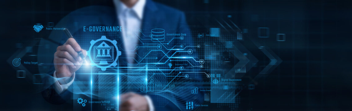 Businessman Pointing E-Governance, public sector digital service and transparent online government portal, public policy administration, citizen service network, digital public infrastructure