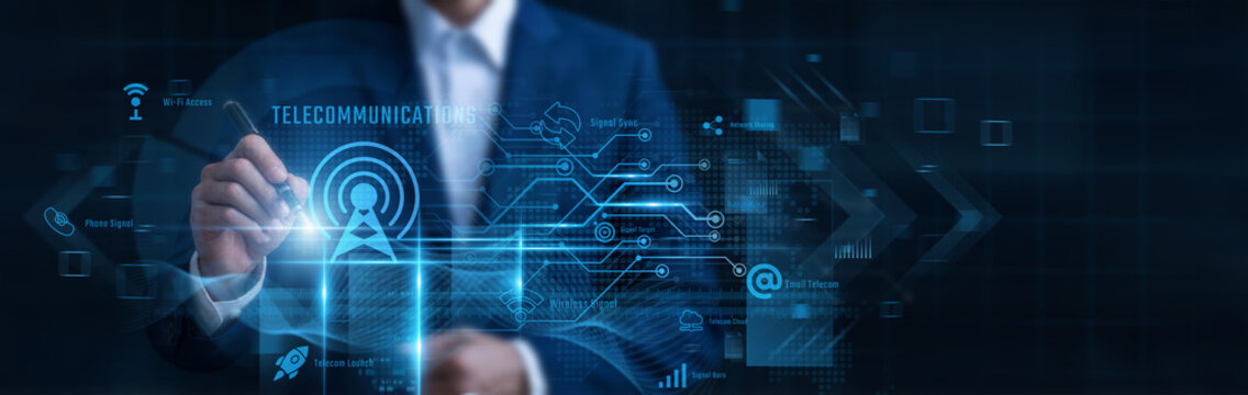 Businessman Pointing Telecommunications, modern cellular network infrastructure and high speed wireless connectivity, telecom data transmission, global communication network, broad band technology