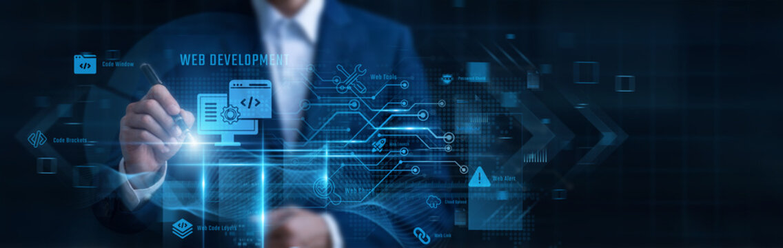 Businessman Pointing Web Development, custom website programming and responsive frontend user interface design, backend code engineering, web app deployment, modern web layout framework