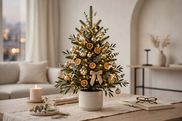 Fototapeta premium Small decorated christmas tree sits on a wooden table in a living room
