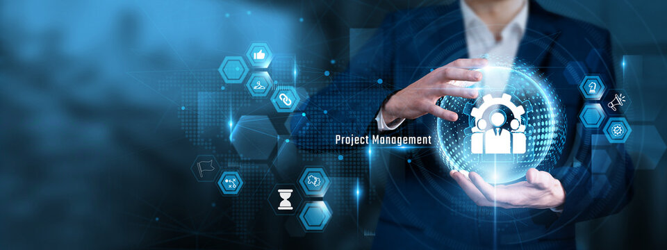 Businessman Hand Hold Project Management and global Executive Workflow Control, Team Task Scheduling, Enterprise Strategic Planning, Strategic Resource Allocation, Operations