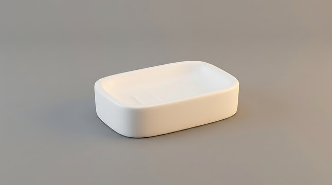 Minimalist White Ceramic Soap Dish On Plain Neutral Gray Background For Bathroom Interior Design And Home Decor