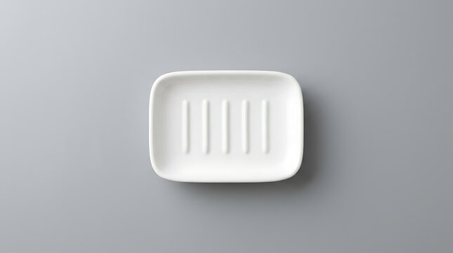 Minimalist White Ceramic Soap Dish with Slits Placed Centrally on a Clean Solid Gray Background Top View