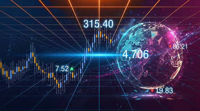 Global financial market data visualization with stock exchange charts, world globe, and digital trading graph grid in futuristic technology design