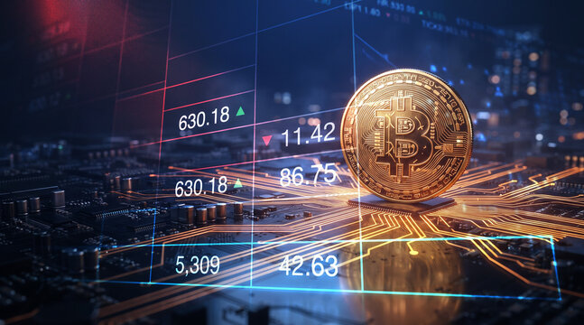 Golden bitcoin cryptocurrency token placed on a circuit board background with futuristic digital stock market trading charts and price data feeds