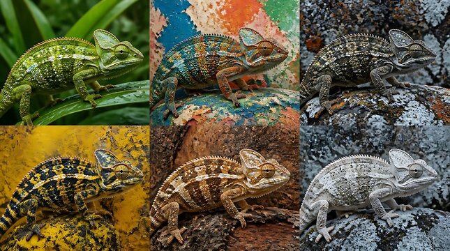 Colorful chameleons showing camouflage adaptation skills across various natural backgrounds