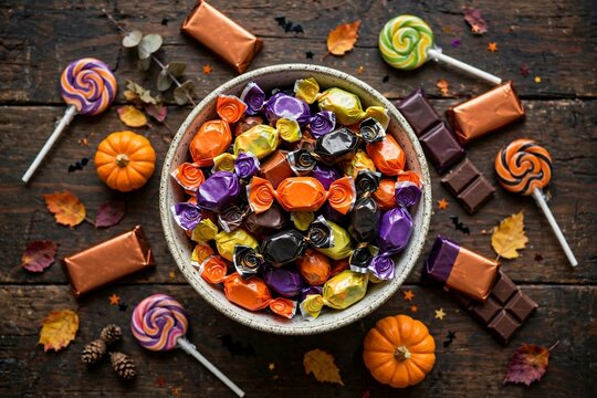 Overhead view of a bowl full of colorful Halloween candies and chocolate treats on a dark wooden table