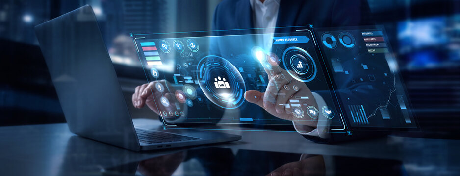 Businessman Analyzing Human Resource and Employee Performance Data on Digital Screen, HR Recruitment Metrics, Workforce Management Dashboard, Staff Productivity Analytics, Talent Hub