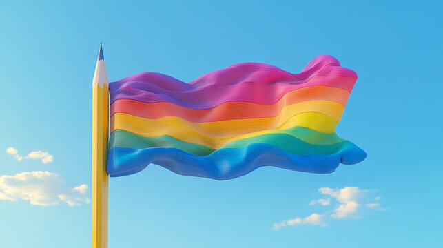 Rainbow Pride Flag Waving on Yellow Pencil Flagpole Against Clear Blue Sky