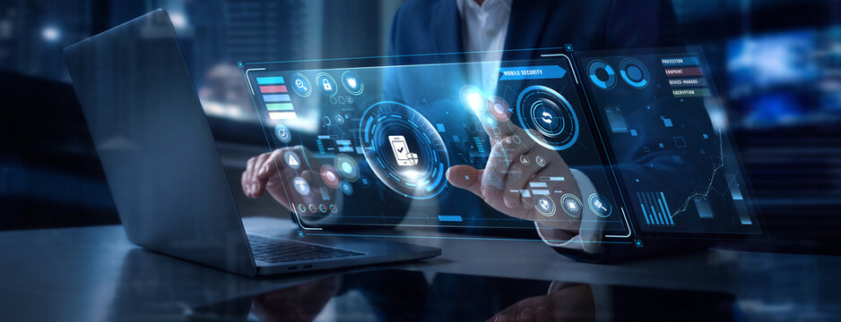 Businessman Analyzing Mobile Security and Smartphone Threat Defense Data on Digital Screen, Mobile App Encryption, Wireless Access Protection Metrics, Handheld Device Privacy Shield