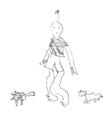 Obraz premium Monochrome hand drawn line art of a melting person with flower on head, cat and turtle