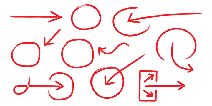 Red Hand Drawn Arrow and Circle Highlight Set Isolated on White Background
