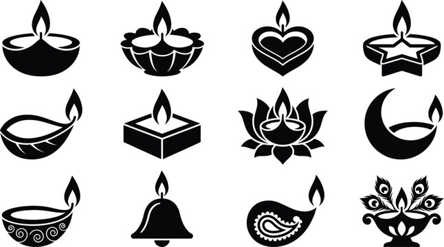 Diwali festival candles and lamps in black and white