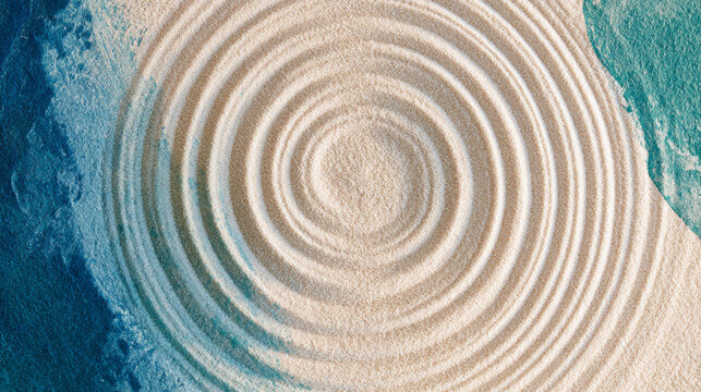 Zen sand garden with spiral patterns and blue stone texture background