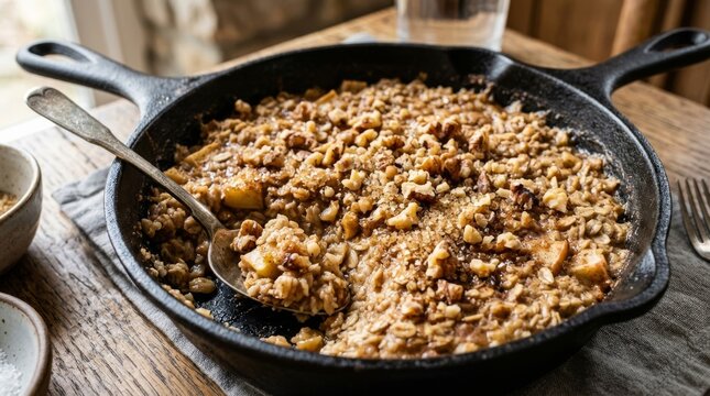 Baked apple oatmeal with crumbly topping in cast iron skillet