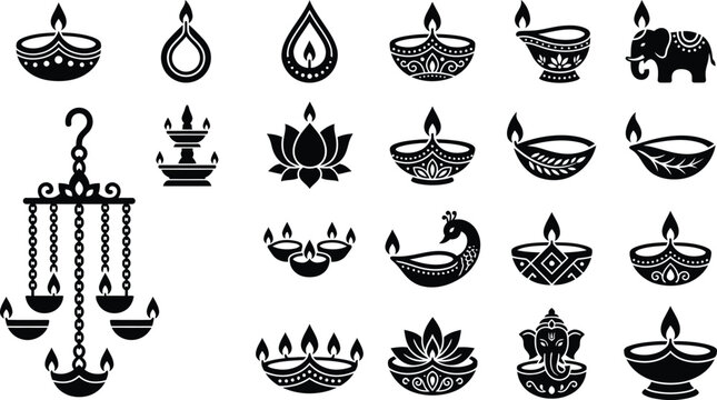 Diwali festival of lights decorative elements and icons