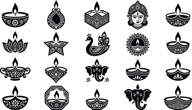 Diwali festival decorations and symbols in black and white