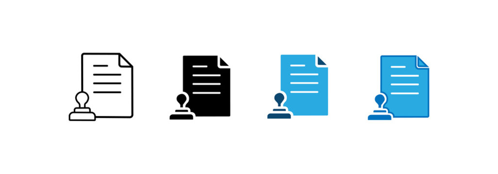 Document icon set with stamps. Symbolizing certification, approval, and official documentation.
