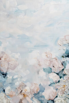 Fine Art. Abstract floral painting with textured brushstrokes creating a soft pastel garden scene, modern art background