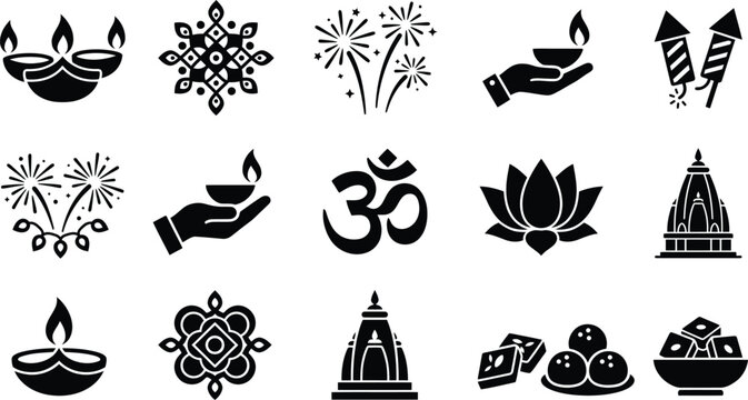 Diwali festival icons and symbols black and white