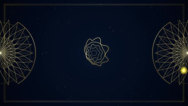 Abstract gold geometric mandala patterns on dark blue starry background