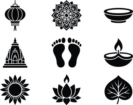 Diwali festival icons and symbols in black and white
