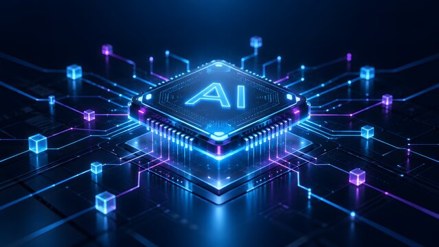 Artificial intelligence microchip glowing on digital circuit board representing machine learning and advanced computing technology