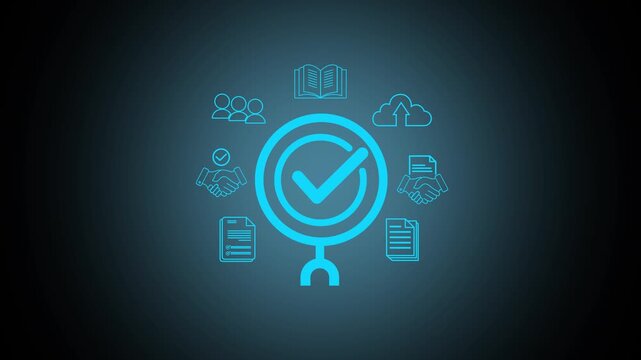 Quality Assurance and Certification Compliance Concept. A magnifying glass with checkmark surrounded by business icon, symbolizing quality assurance compliance, and certification. certified document