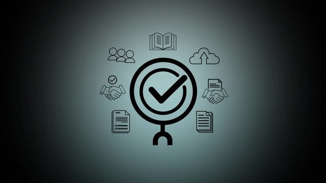Quality Assurance and Certification Compliance Concept. A magnifying glass with checkmark surrounded by business icon, symbolizing quality assurance compliance, and certification. certified document