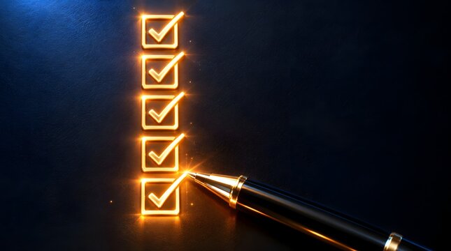 Glowing digital checklist with golden check marks and pen on dark background representing task completion and quality assurance